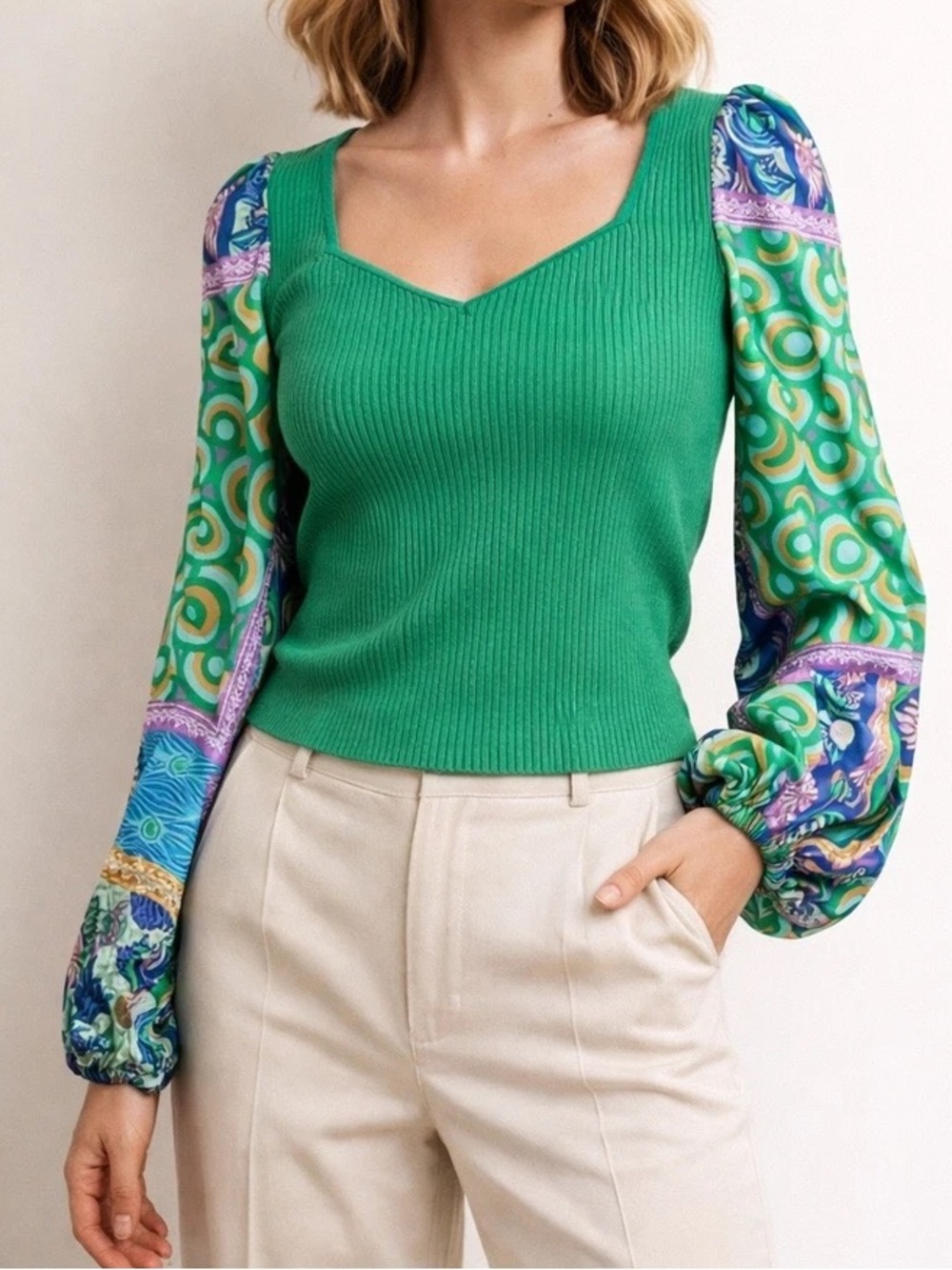 Bailey 44 Green Knit Top with Patterned Puff Sleeves